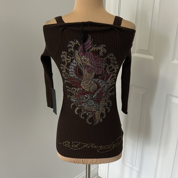 Ed Hardy Brown Ribbed Rhinestone Cold Shoulder Sweater - Picture 4 of 12